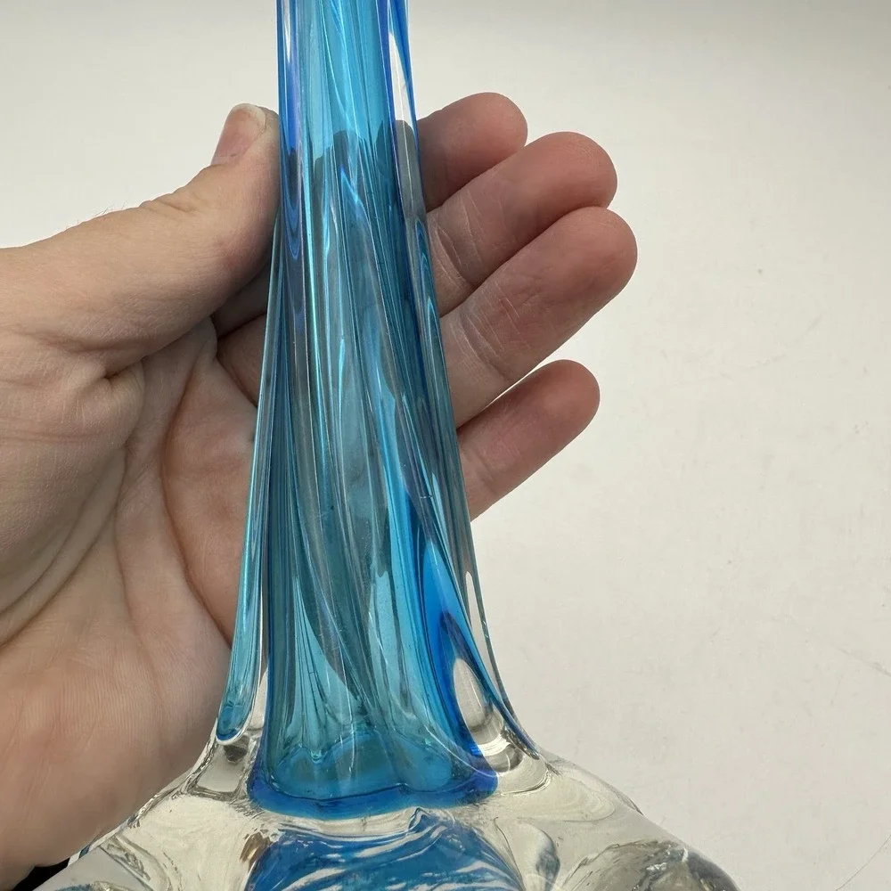 VTG Narrow Twisted Stemmed Flower Vase W/Elephant Foot Blue & ClearArt Glass 11